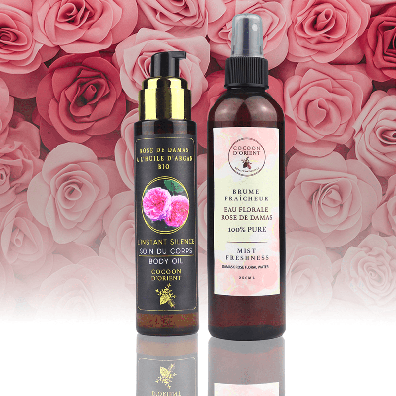 Pack Réconfort Cocoon d’Orient à la Rose de Damas et Argan Bio – Soin Naturel Corps & Brume Visage