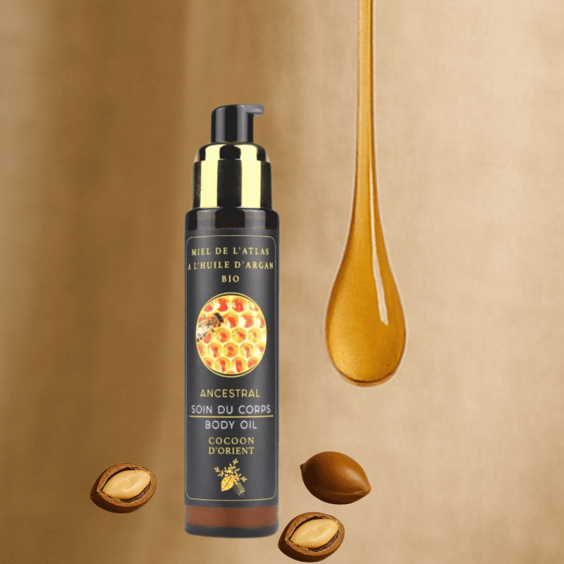 Soin corps peau sèche abîmée Ancestral – Cocoon d’Orient à l’argan bio et miel de l’Atlas, visuel sensoriel fond miel