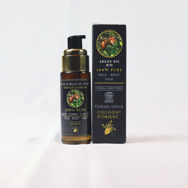 Huile d’argan bio visage corps cheveux – flacon et étui Cocoon d’Orient