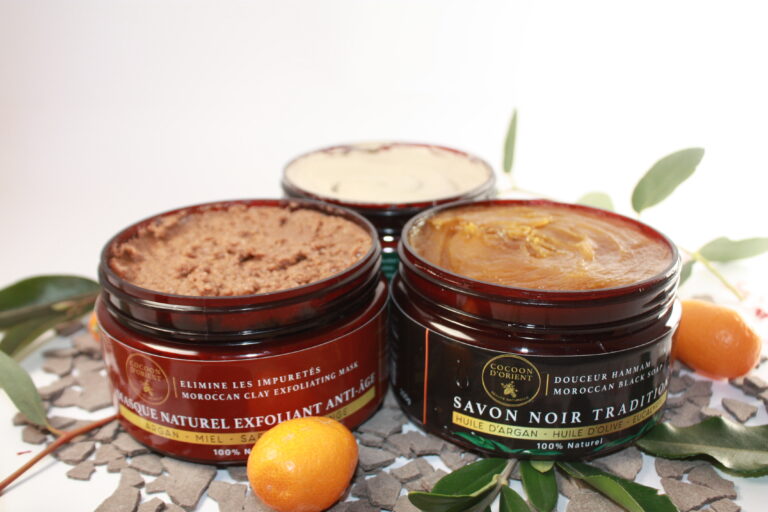Trio de soins naturels Cocoon d’Orient pour le hammam : gommage, masque et savon exfoliant