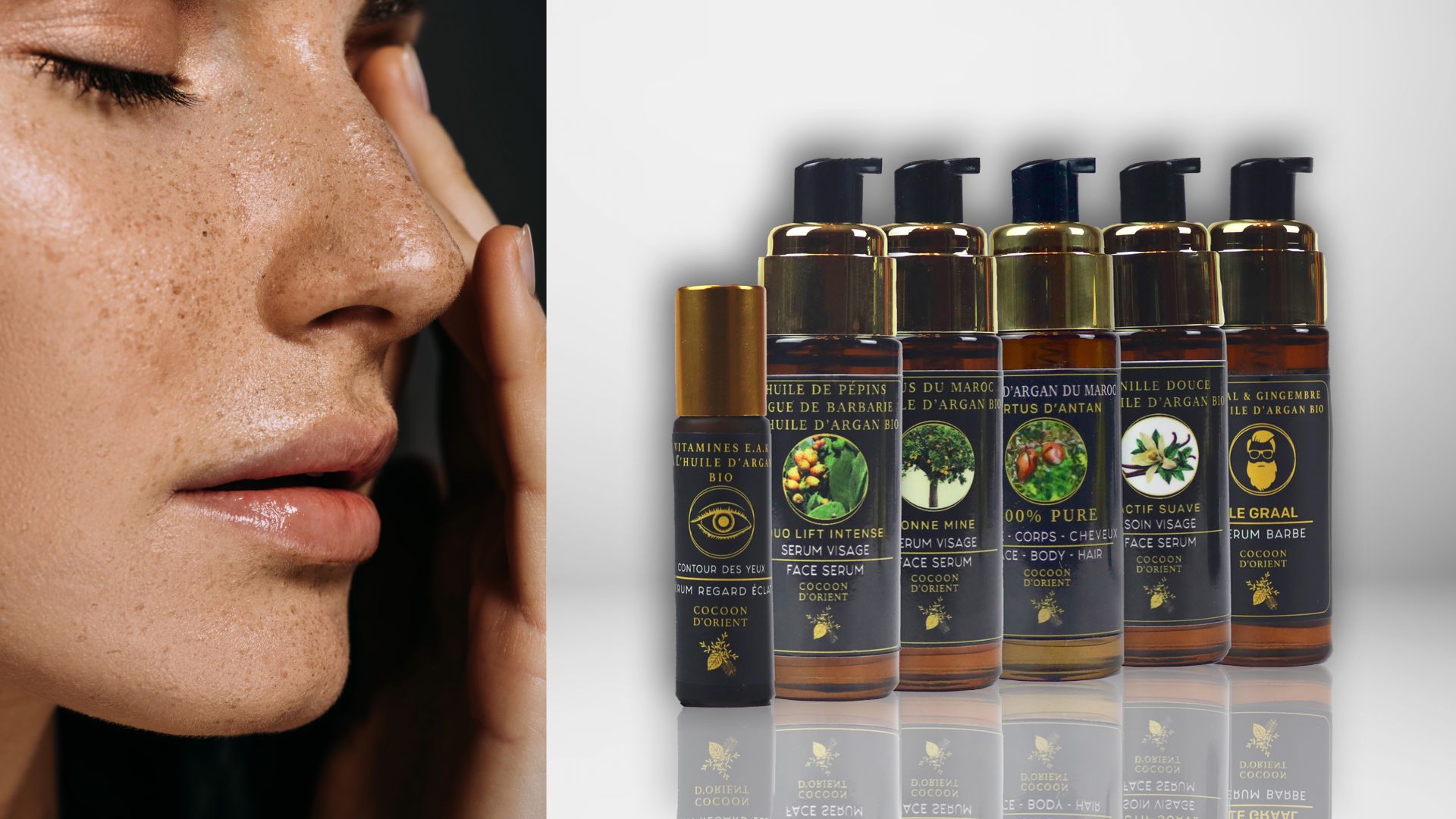 Photo de la gamme de soins visage naturels Cocoon d'Orient à base d'huile d'Argan bio et de pépins de figue de barbarie.