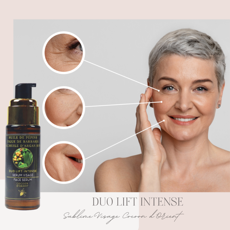 Sérum anti-rides Duo Lift Intense à l’huile d’argan bio et figue de barbarie – effet visible sur les rides du visage femme mature