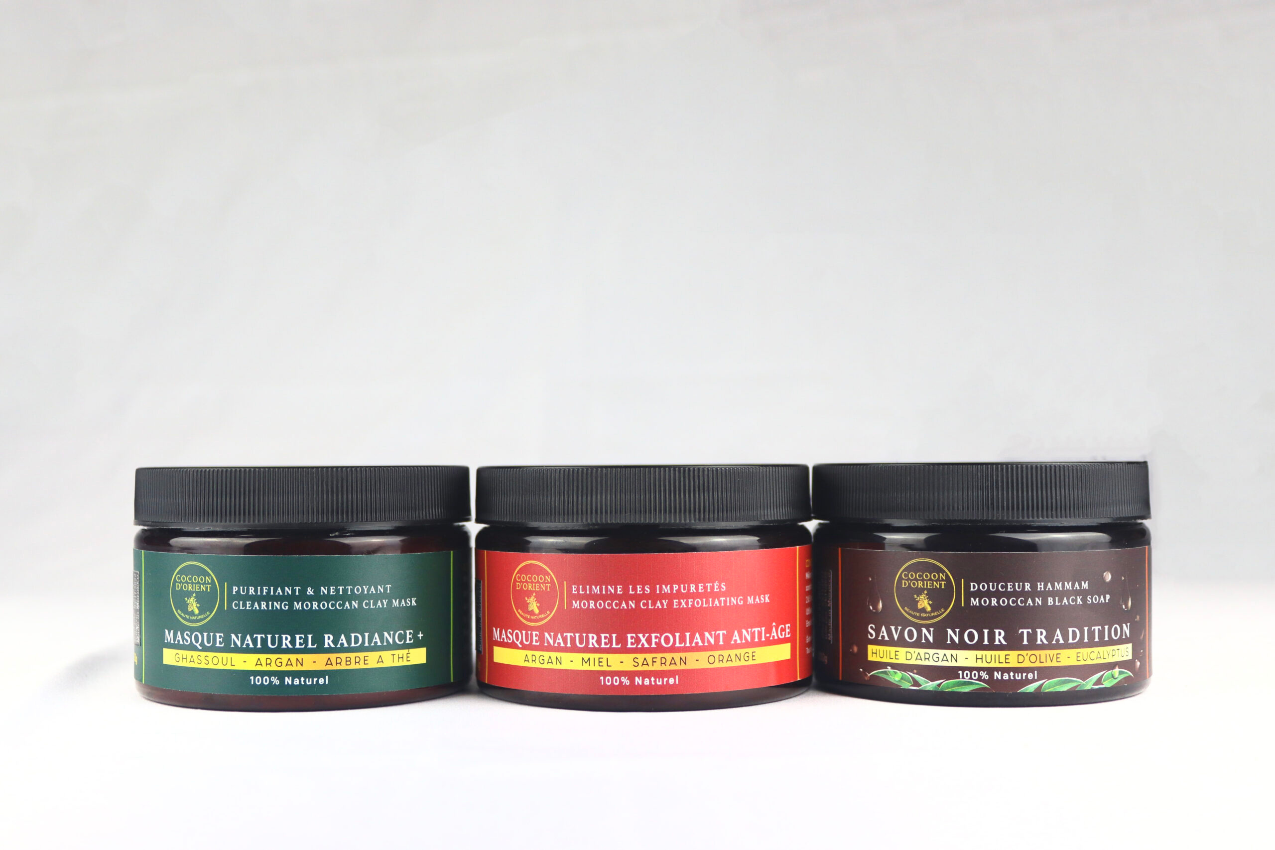 Masques naturels visage Cocoon d'Orient : Radiance+ purifiant, exfoliant anti-âge, et savon noir traditionnel à l'huile d'argan bio pour rituel hammam