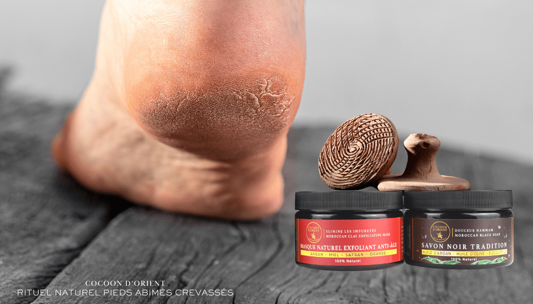 Soin pieds secs et crevassés avec savon noir à l’argan, masque exfoliant au miel et pierre ponce artisanale Cocoon d’Orient