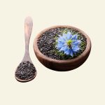 Graines de nigelle avec fleur bleue utilisées dans les soins Cocoon d’Orient pour fortifier les cheveux et apaiser le cuir chevelu.